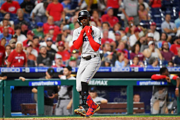 Marlins second baseman Jazz Chisholm Jr. celebrates his solo home run against the Philadelphia Phillies during the seventh inning at Citizens Bank Park.